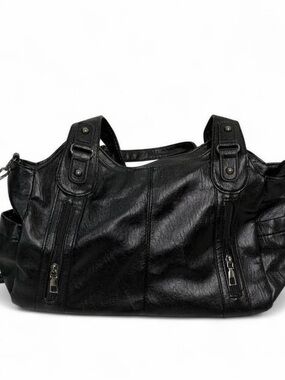 City Y2K Retro Utility Grunge Large Black Faux Leather Tote Silver Hardware Chic